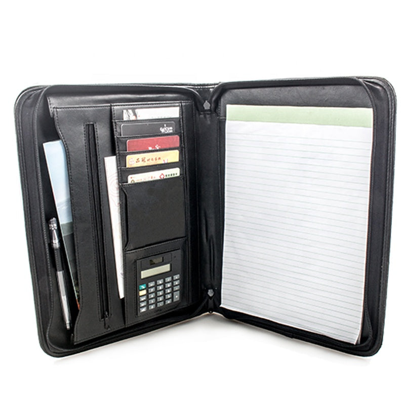 Zippered Leather Business Portfolio with Computers Black Portfolio Organizer Leather Notepad Folder for Resumes