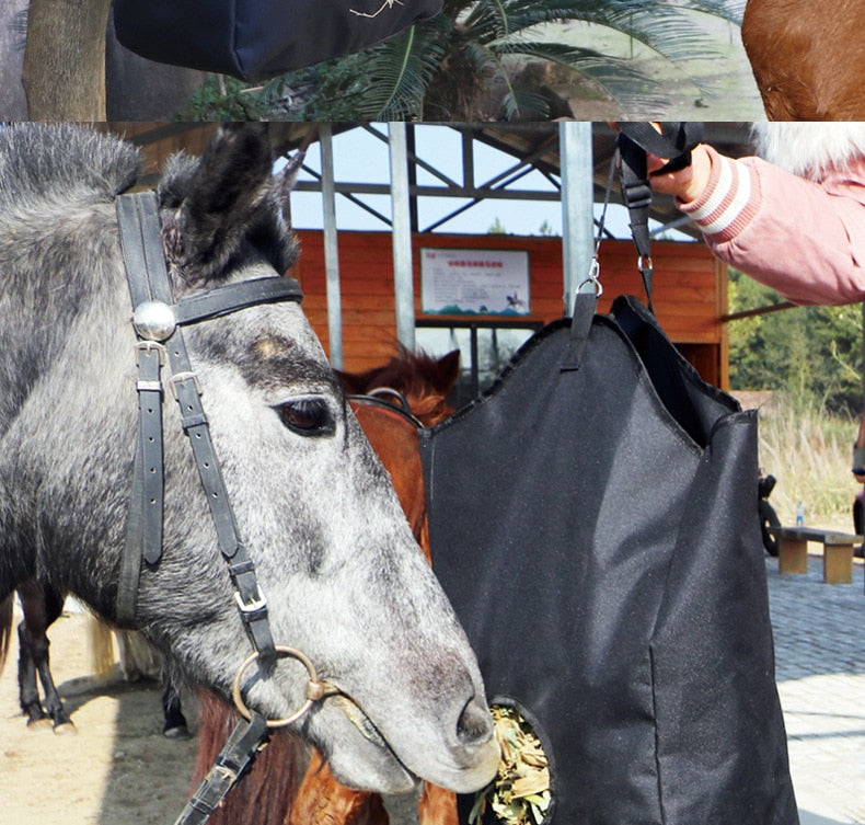 New Hay Bags Go Out To Feed Horses Slowly. Hay Bags Feed Horses. Big Bags In Stables Are Convenient for Horses.